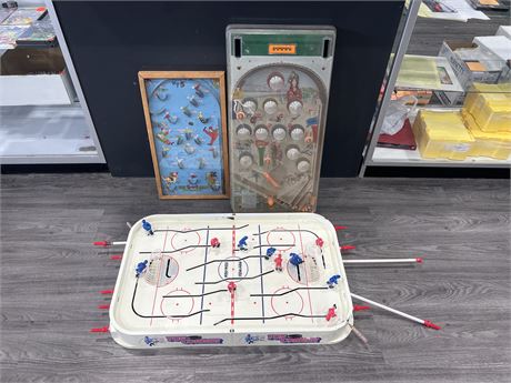 3 VINTAGE TABLE TOP GAMES - 2 PINBALL 1 HOCKEY - LARGEST IS 32” WIDE