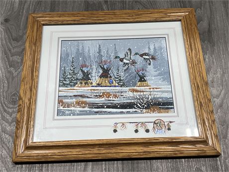 FRAMED ORIGINAL FIRST NATIONS PAINTING BY ROGER FLYTHE (18”x16”)