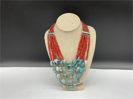 TIBETAN CORAL AND TURQUOISE NECKLACE ON STAND