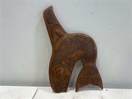 INDIGENOUS CARVED KILLER WHALE SIGNED L.WILSON (11”x18”)