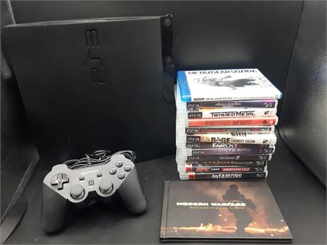 PS3 CONSOLE WITH GAMES (CONSOLE WORKS BUT FRONT SIDE IS CHIPPED)