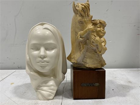 SIGNED “IL PONY” RESIN STATUE & PORCELAIN LADIES HEAD (12”)