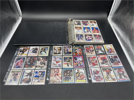BINDER OF MISC 90’s CARDS - SHEETS OF LEMIEUX / CANUCKS / ROY CARDS