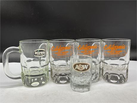 3 CALIFORNIA ROOT BEER GLASS MUGS & HIRES ROOT BEER MUG & A&W BABY MUG (5” TALL)