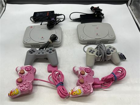 2 PS ONE CONSOLES COMPLETE W/CONTROLLERS & 2 PS2 3RD PARTY SIMPSONS CONTROLLERS