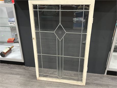 VINTAGE WOOD FRAMED LEADED GLASS WINDOW (26”x41”)