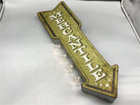 LIGHT UP DOUBLE SIDED MERCANTILE TIN SIGN (Works, 24” long)