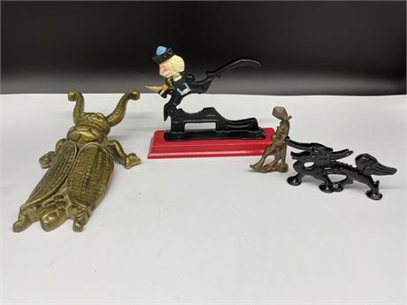 ANTIQUE SIGNED BRASS BEETLE BOOT JACK, CAST IRON NUT CRACKER & 2 OTHER CAST PC’S