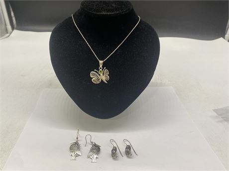 925 STERLING NECKLACE W/ BUTTERFLY PENDANT (16”) & 2 PAIRS OF EARRINGS