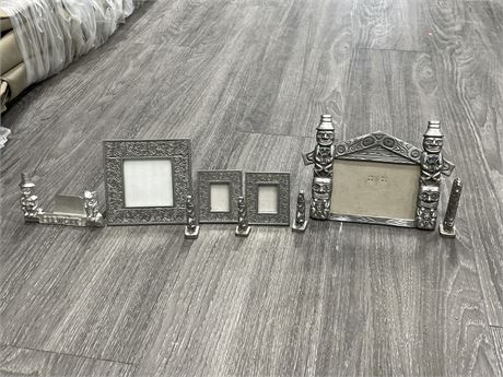 9 PEWTER FIRST NATIONS FRAMES & MINI TOTEM POLES (LARGEST 7”x6”)