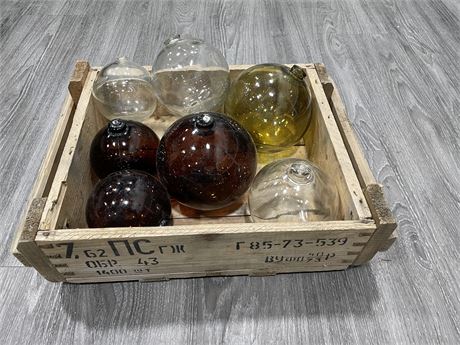 6 LARGE GLASS FISHING FLOATS IN AMMO CRATE