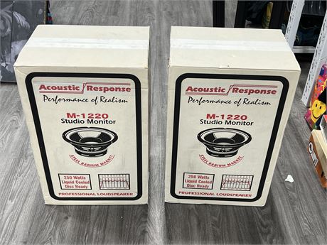 2 NEW ACOUSTIC RESPONSE M-1220 SPEAKERS IN BOX (25.5” tall)