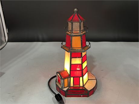 STAINED GLASS LIGHTHOUSE LAMP - WORKS (10”)