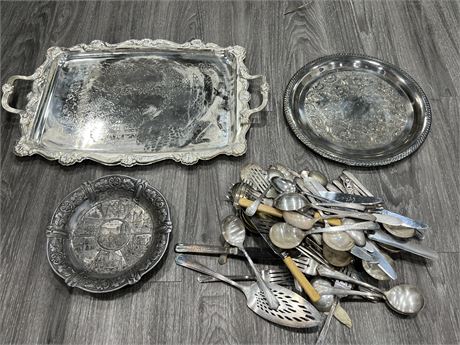 2 SILVER PLATED TRAYS, PEWTER BOWL & VINTAGE CUTLERY