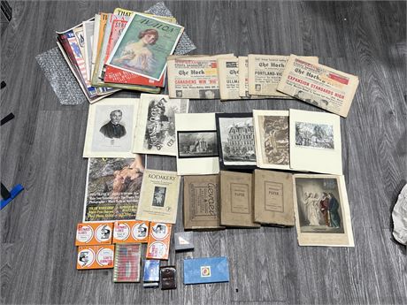 1800s UNFRAMED ENGRAVINGS, VINTAGE HOCKEY MAGS/ PAPERS, 1900s SHEET MUSIC,