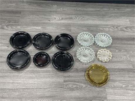 11 VINTAGE THICK GLASS ASH TRAYS - LARGEST IS 8” DIAM