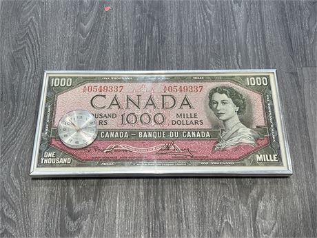 VINTAGE $1000 CANADIAN BILL CLOCK 21”x10”