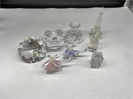8 PIECES OF CRYSTAL FIGURES INCLUDING, EIFFLE TOWER, 2 HELICOPTERS, ELEPHANT,