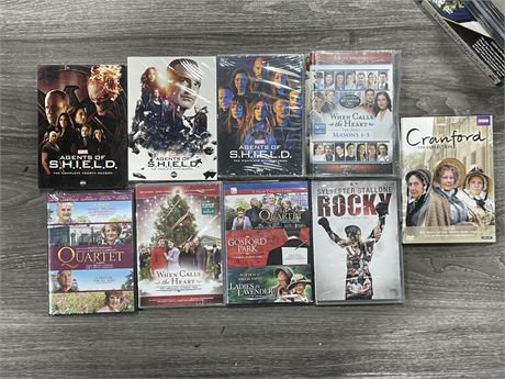 LOT OF 9 DVD’S ALL SEALED EXCEPT ROCKY 6 FILM COLLECTION & CRANFORD