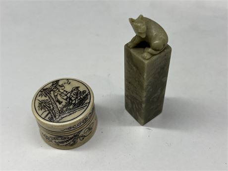 ASIAN SOAPSTONE CARVING & BONE BOX (Carving is 3”)