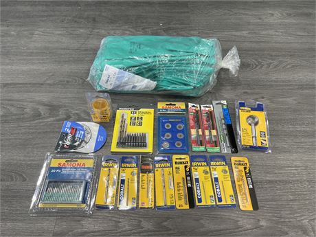 LOT OF NEW DRILLS BITS / TOOLS + NEW 12 PACK OF SOLVEX GLOVES