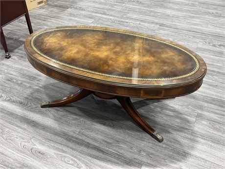 VINTAGE OVAL INLAID COFFEE TABLE W/GLASS TOP (46” wide)