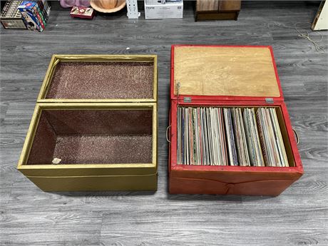 2 VINTAGE CHESTS (RED ONE HOLDS RECORDS - RECORDS INCLUDED ARE MOSTLY SCRATCHED)
