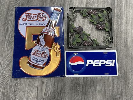2 METAL PEPSI SIGNS & SET OF CAST IRON PAINTED WALL BRACKETS