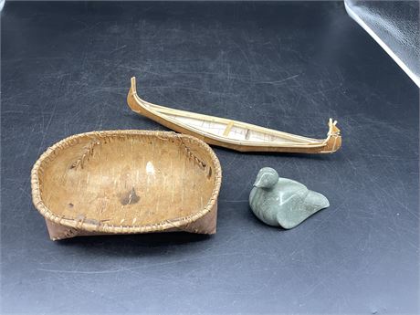 BIRCHWOOD BOWL AND CANOE W/ SOAP STONE CARVING (CARVING 4” LONG)