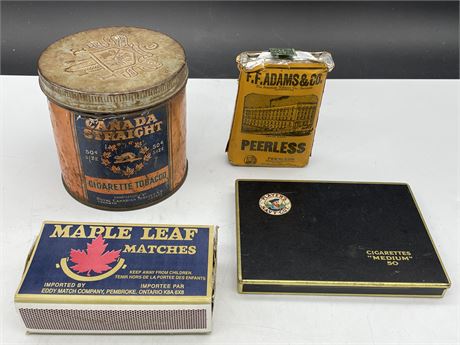 ANTIQUE CANADA STRAIGHT TOBACCO TIN, PEERLESS FULL TOBACCO POUCH, ETC.