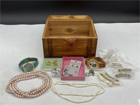 ANTIQUE WOOD JEWELRY BOX W/ASSORTED JEWELRY - PEARL NECKLACES, BARETS ETC.