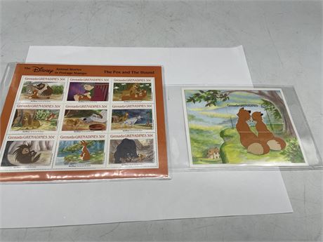 2 SHEETS DISNEY THE FOX AND THE HOUND COLLECTIBLE STAMPS W/COA