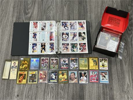 LOT OF MISC CARDS, BINDER OF 90s NHL CARDS & PLASTIC CARD CASES