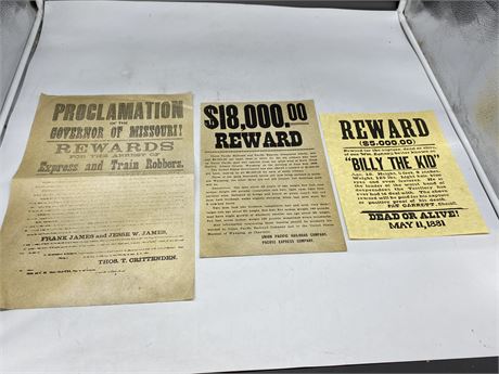 3 OLD WEST “WANTED” POSTERS (Billy the kid, Jesse James, etc)