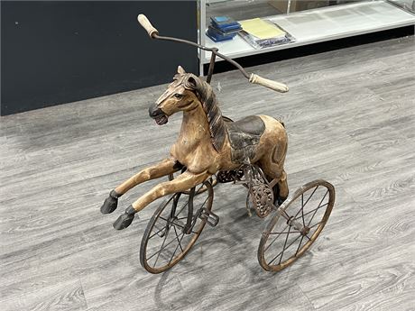ANTIQUE WOOD / CAST IRON HORSE TRICYCLE (36” tall)