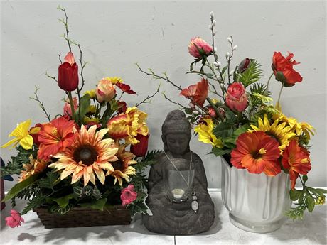 2 ARTIFICIAL FLOWER ARRANGEMENTS & BUDDHA CANDLE HOLDER (14” tall)