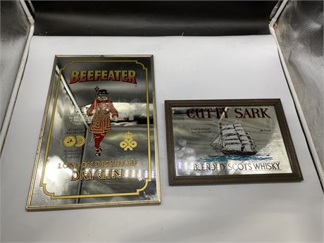 VINTAGE 1960 CUTTY SARK & BEEFEATER MIRRORED WALL SIGNS - 13” X 9” AND 12” X 18”
