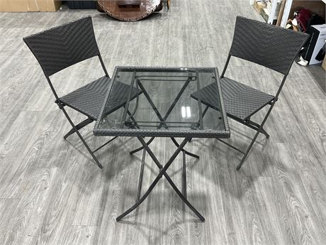 3 PIECE FOLDING BISTRO TABLE & CHAIRS (Table is 24”x24”x28” tall)