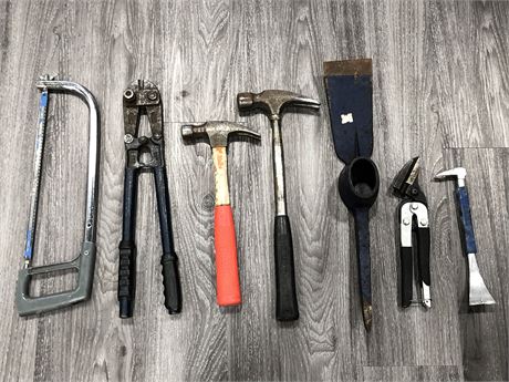 ASSORTED TOOLS, HAMMERS, SAW, BOLT CUTTER, ECT..