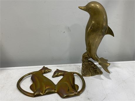 LARGE BRASS CAT WALL HANGING + 14” BRASS DOLPHIN