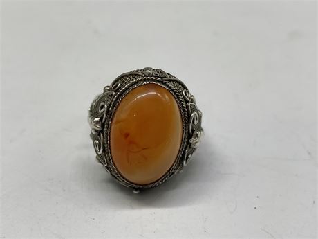 ANTIQUE CHONESE FILIGREE NATURAL AGATE RING 925 STERLING SIZE 9