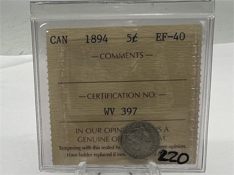 1894 CDN SILVER 5 CENT COIN - GRADED EF40