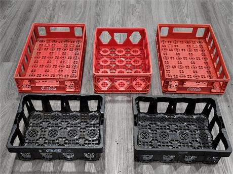 3 RED COKE PLASTIC CASES (18"X12") & 2 BLACK COKE CASES