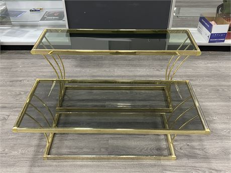 2 1980’S COFFEE + SOFA BRASS / GLASS TABLES (TALLER ONE IS 15”X50”X26”)