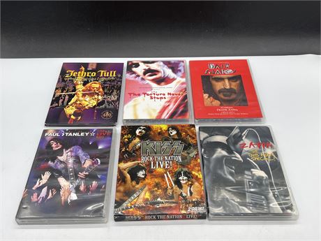 6 KISS, FRANK ZAPPA & JETHRO TULL DVDS - EXCELLENT COND.