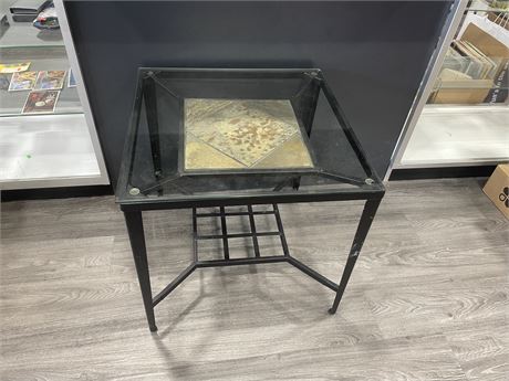 METAL GLASS WITH INLAID STONE TABLE 24”x24”x24”