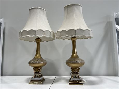 2 VINTAGE BRASS / MARBLE BASE LAMPS W/ ORIGINAL SHADES 3FT TALL