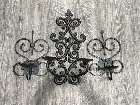 3 WROUGHT IRON CANDLE HOLDERS (LARGEST 9”x19”)
