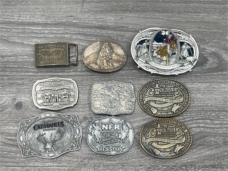 9 LARGE COWBOY STYLE BELT BUCKLES - RODEO, STETSON, LEVIS - LARGEST IS 5.5” WIDE