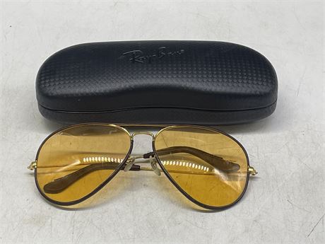 RAY-BAN NIGHT SUNGLASSES W/ LEATHER FRAME & EARPIECES W/ CASE